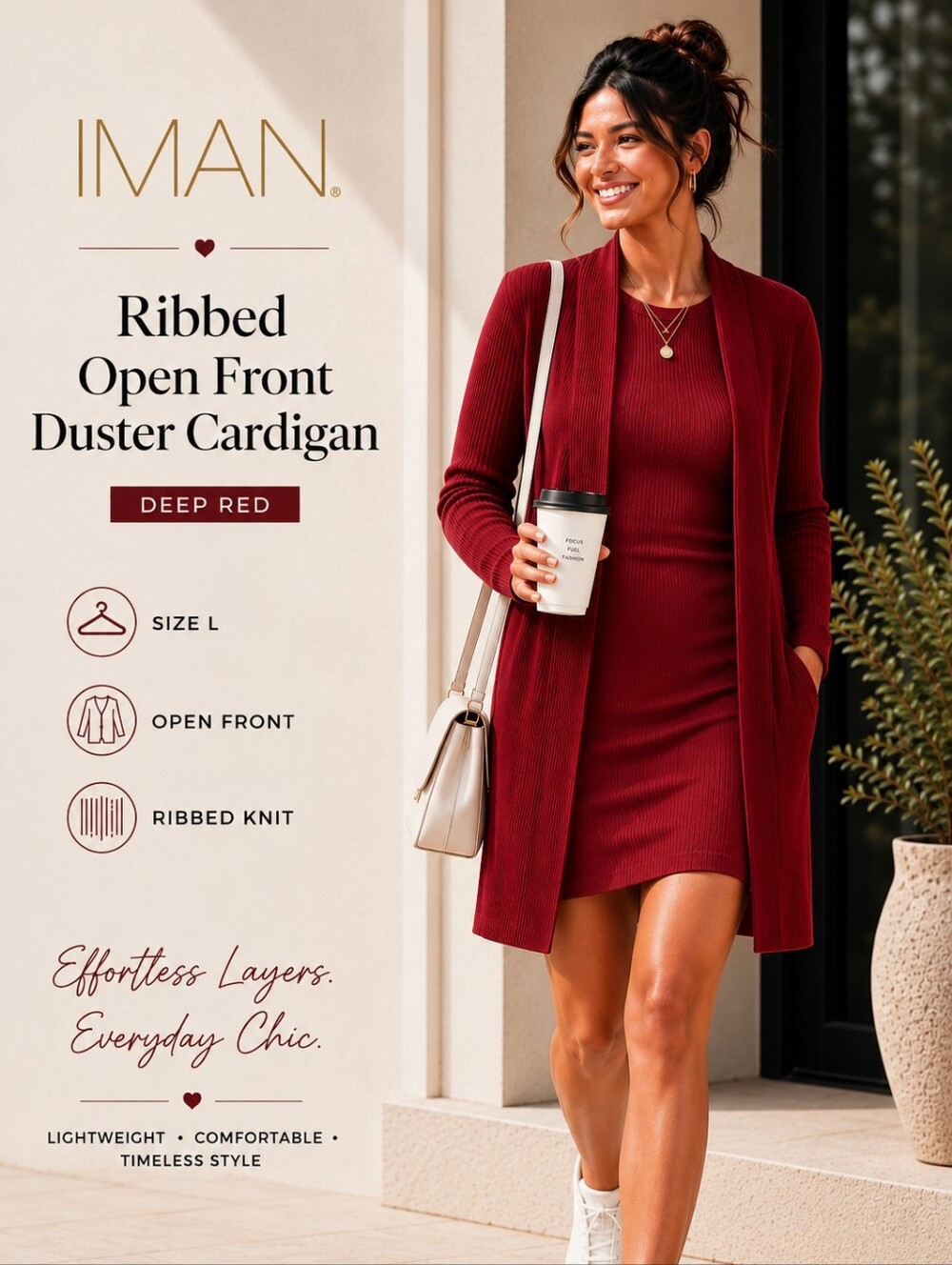 IMAN Ribbed Open Front Duster Cardigan Deep Red | L | Minimalist Chic